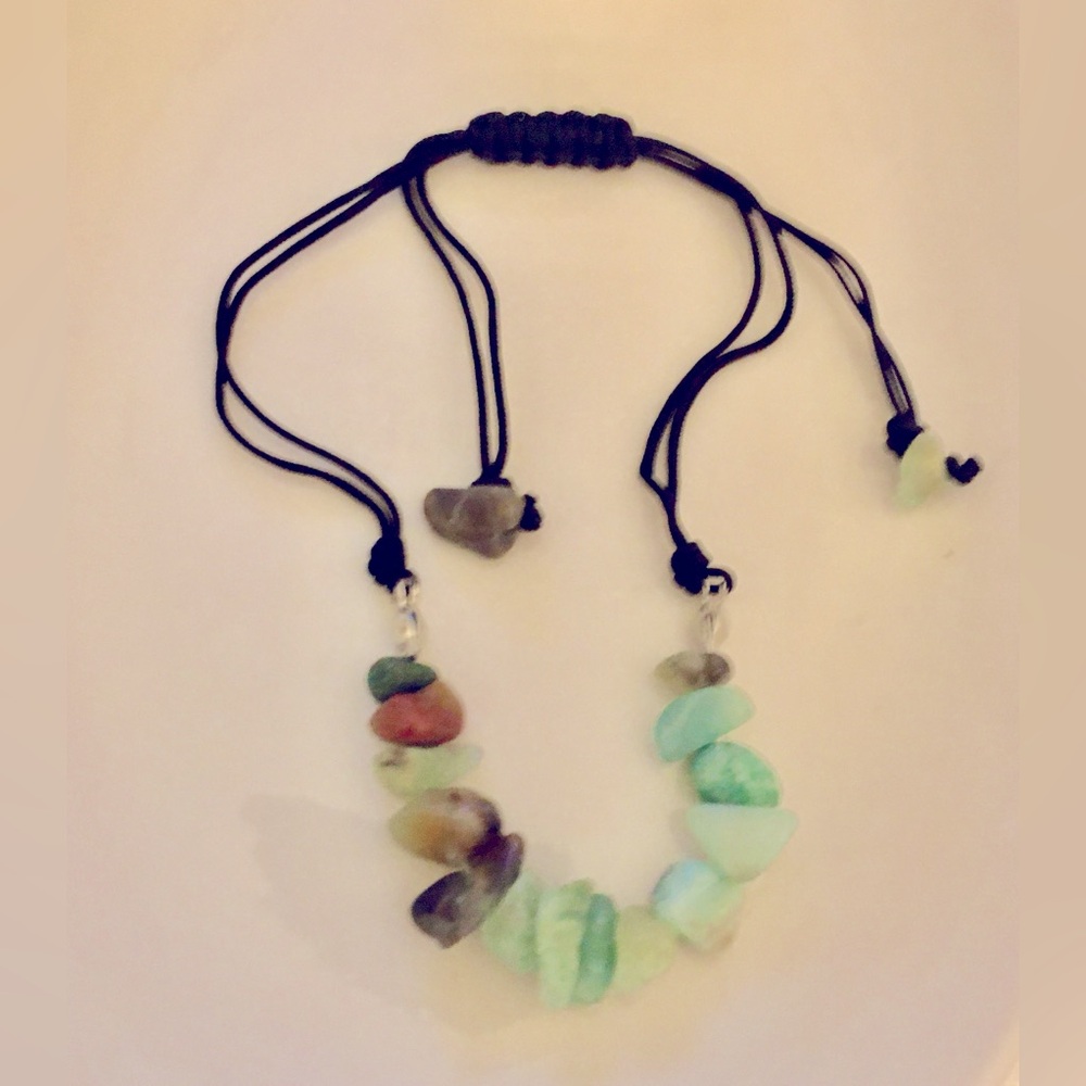 Bracelet Amazonite aqua polished Nugget adj black cord bracelet, bead ends